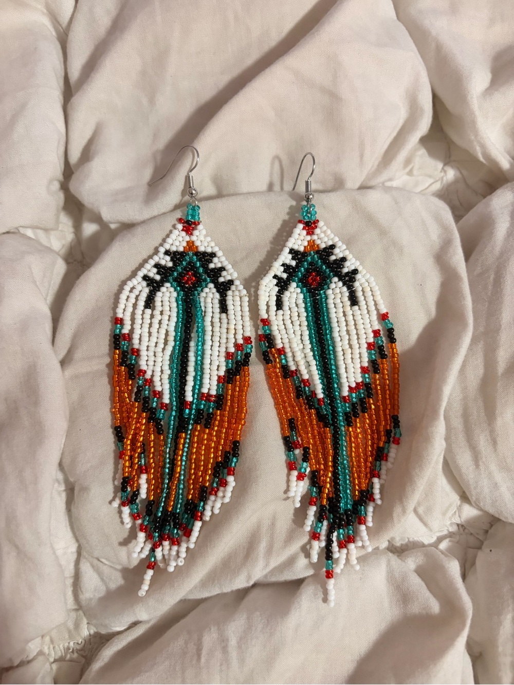 Handmade Beaded Feather Fringe Earrings Southwestern Boho Statement
